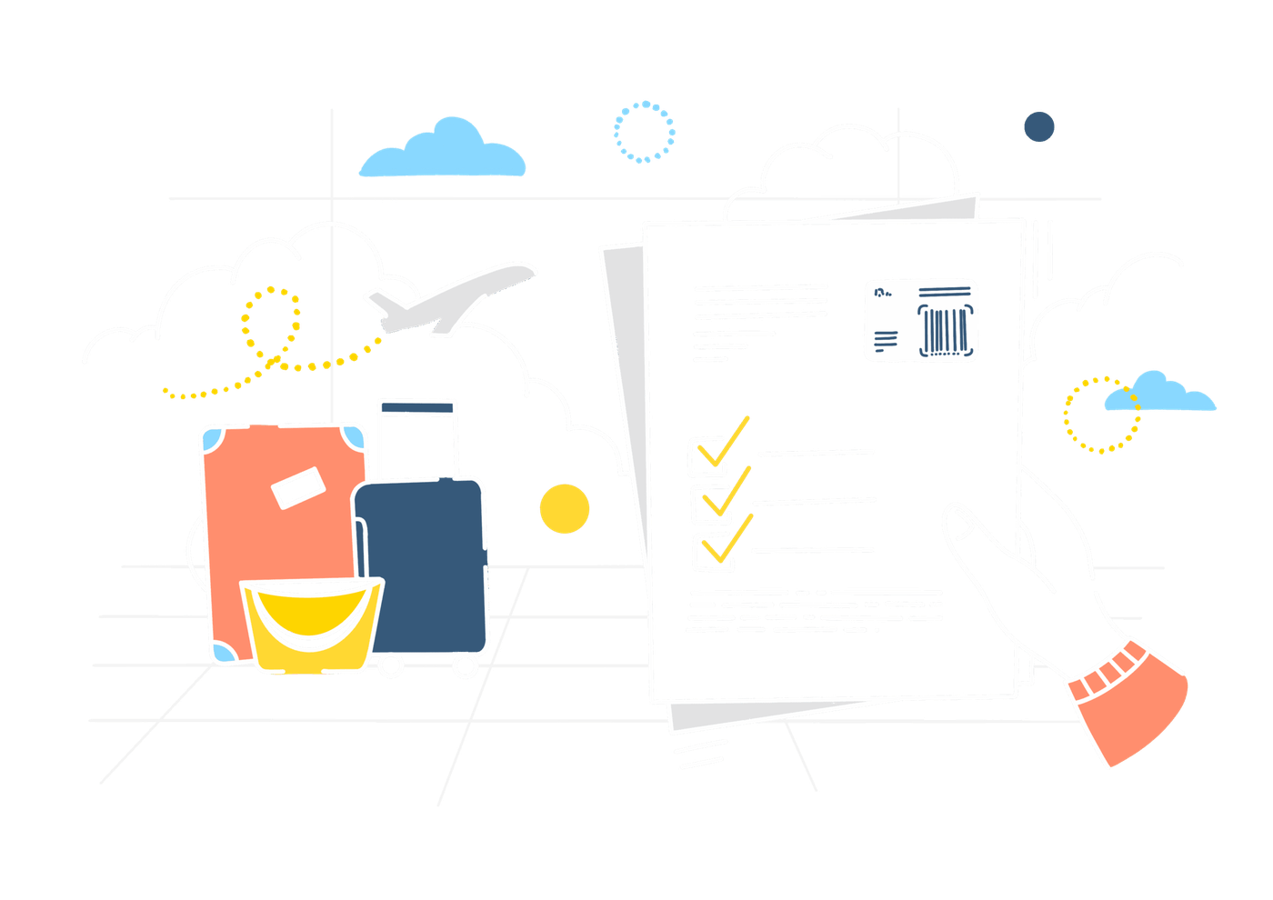 Illustration : bagages prêts et liste de contrôle santé cochée
