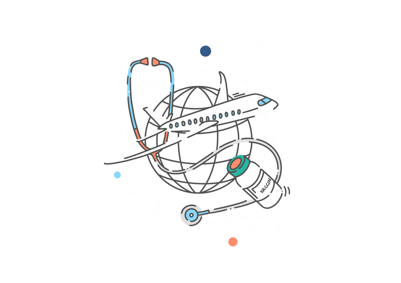 Illustration : globe terrestre entouré d’un avion, d’un stéthoscope et d’un flacon de vaccin
