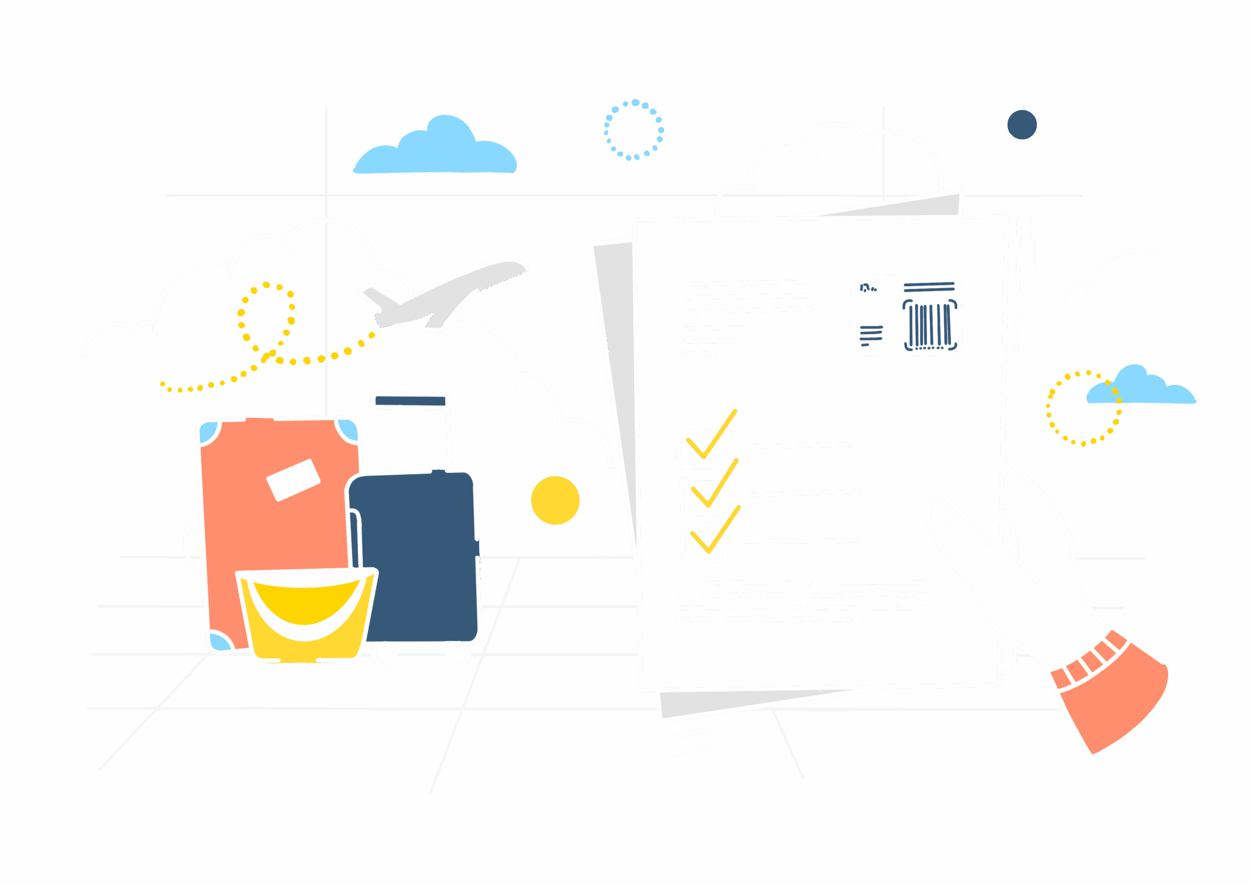 Illustration de valises, documents et checklist symbolisant la préparation au voyage