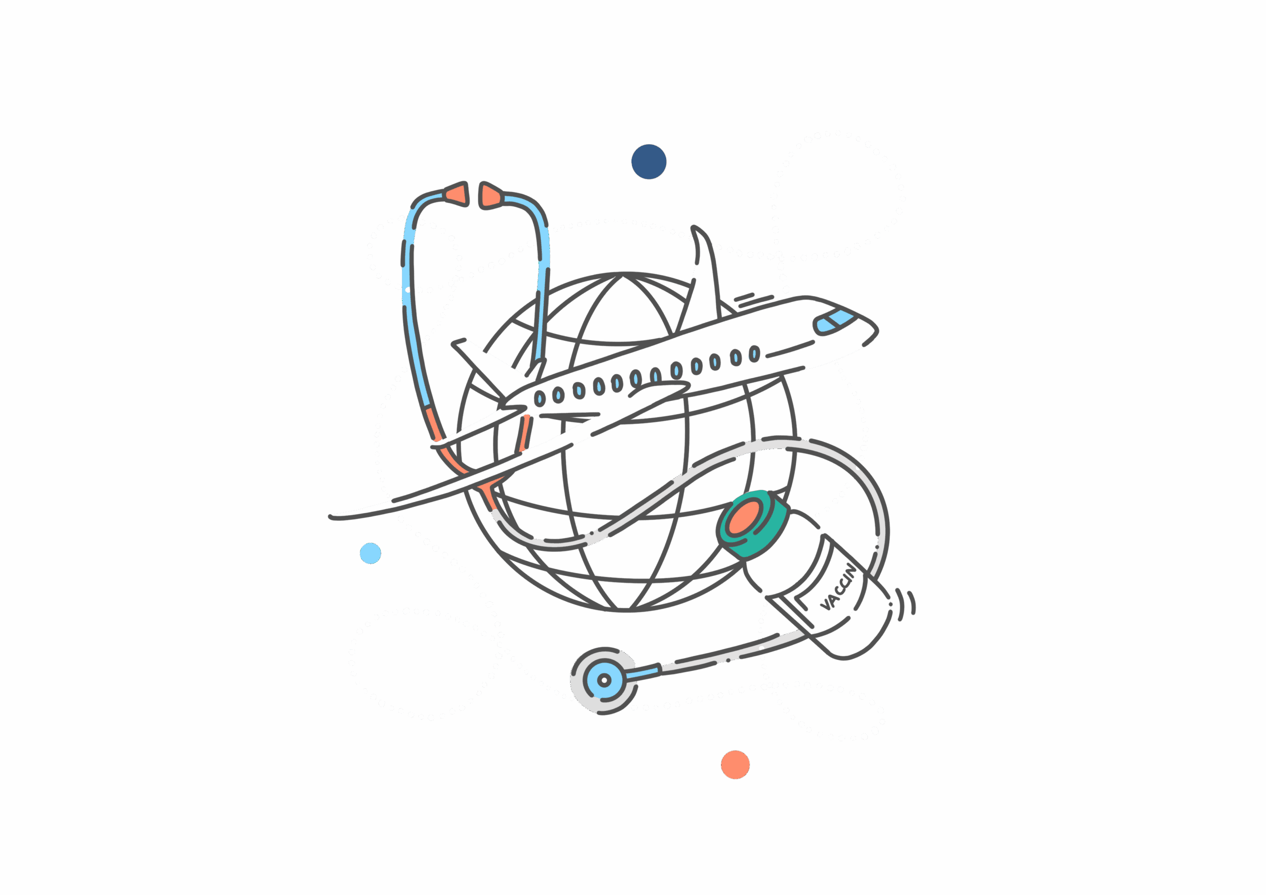 Illustration combinant un avion, un globe, un stéthoscope et un vaccin