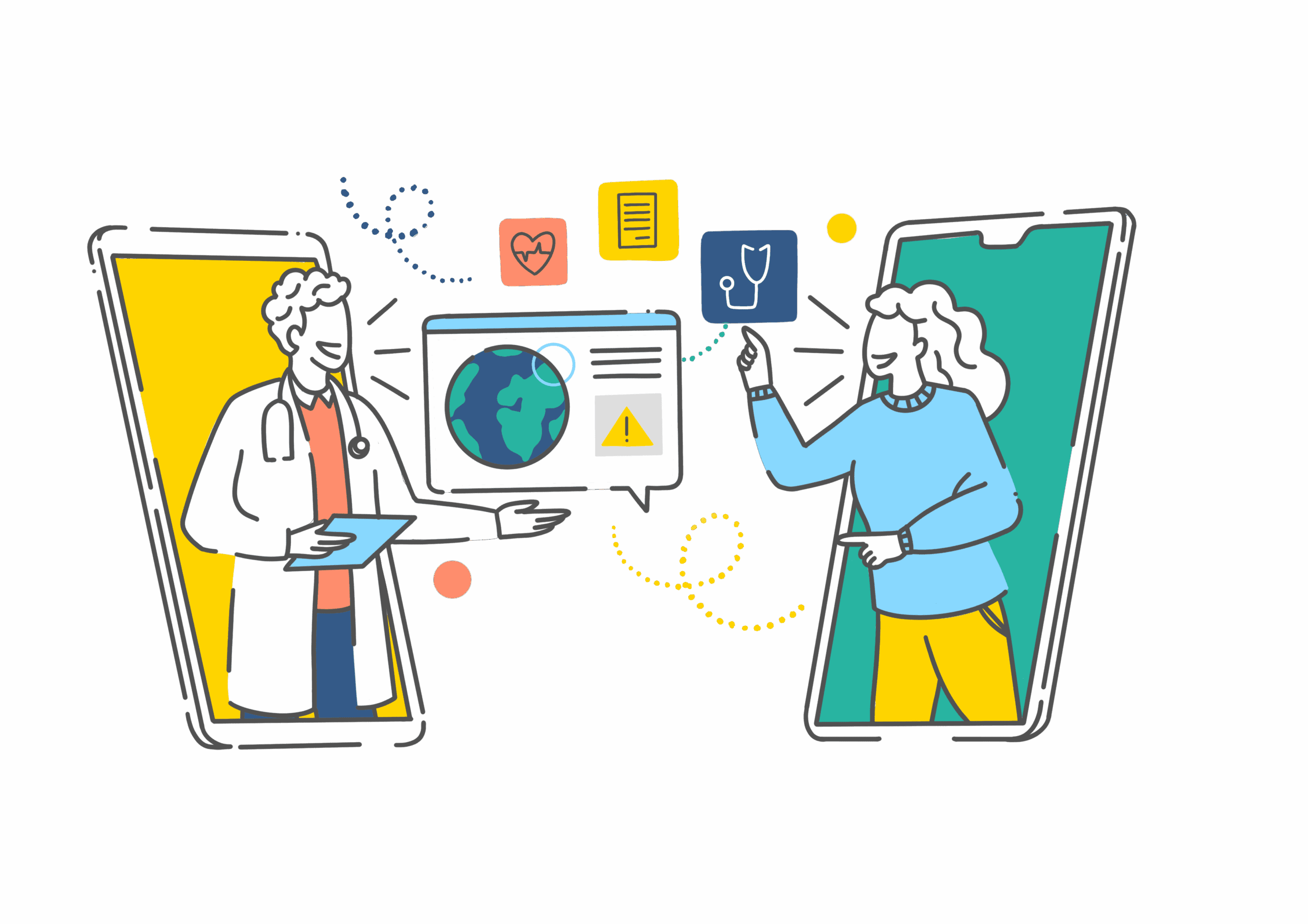 Illustration représentant un médecin et une patiente en téléconsultation via téléphone mobile, utilisée pour illustrer la consultation à distance